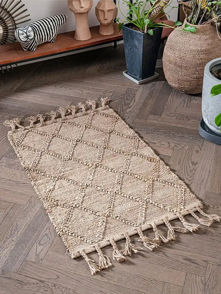 Nisu Home Natural Floor Rug with Tassels and Textured Pattern for Stylish Home Decor