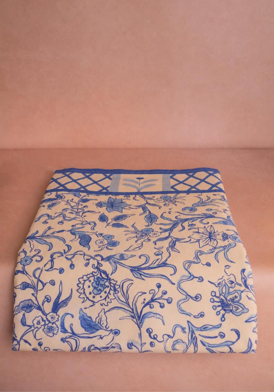 Floral Design Casa by Josephine Jenno Cotton Tablecloth in Light Blue and Cream for Elegant Dining
