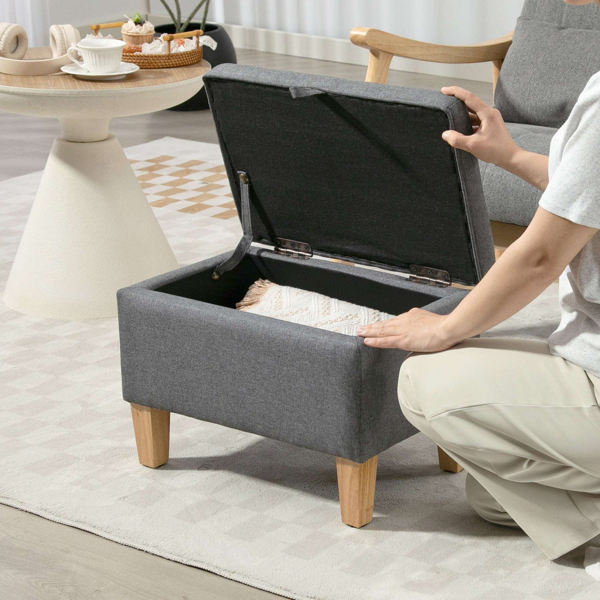 Wise Galleria grey footstool with storage space and wooden legs, perfect for living room comfort