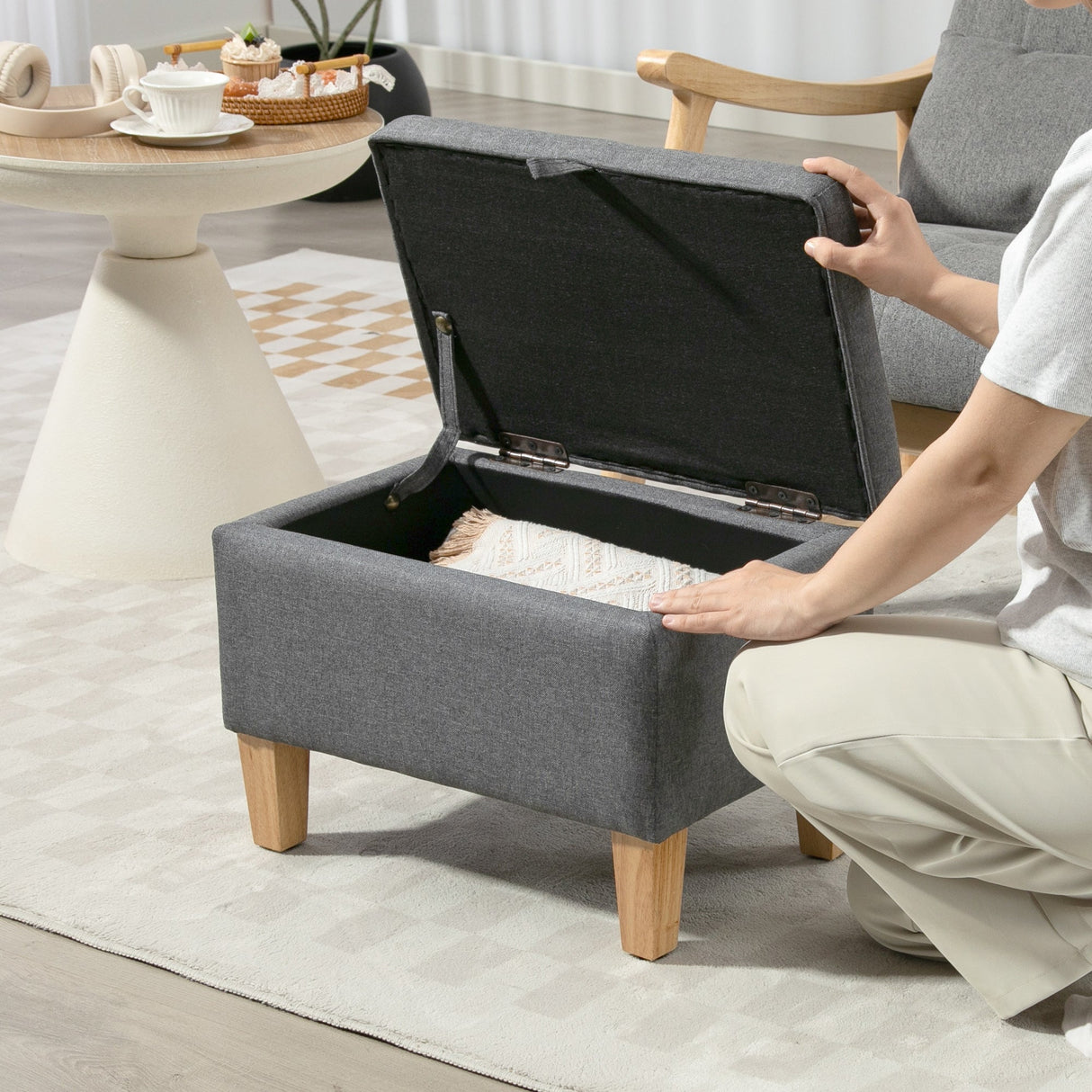 Wise Galleria grey footstool with storage space and wooden legs, perfect for living room comfort