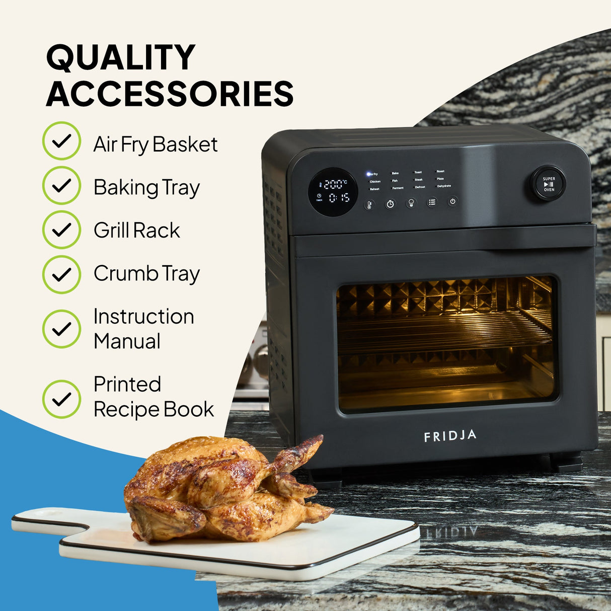 Fridja Digital Air Fryer Oven with Air Fry Basket, Baking Tray, and Grill Rack for versatile cooking