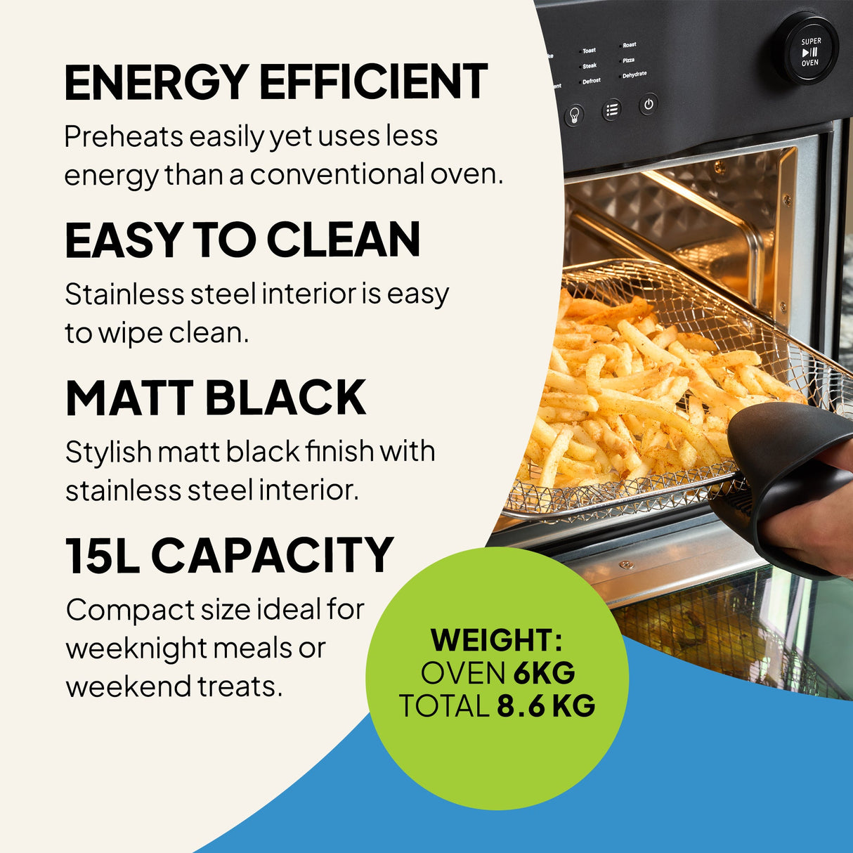 Fridja Digital Air Fryer in matte black with a stainless steel interior and 15L capacity for energy-efficient cooking