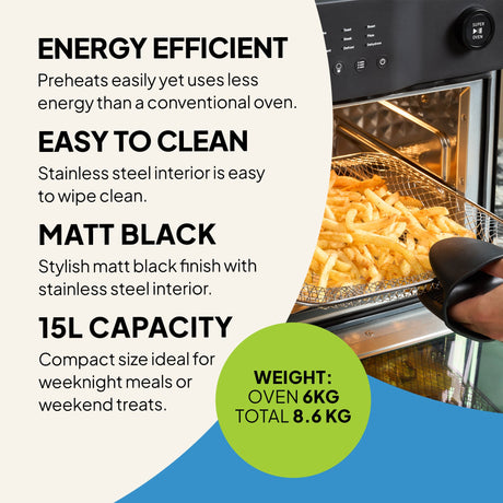 Fridja Digital Air Fryer in matte black with a stainless steel interior and 15L capacity for energy-efficient cooking