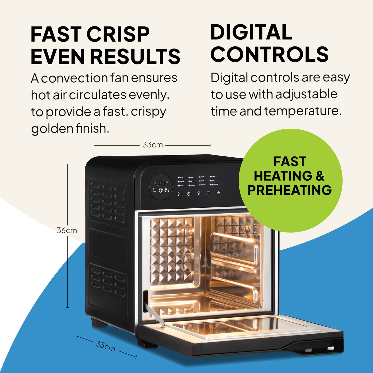 Fridja Digital Air Fryer Oven with a convection fan for fast crisp and even cooking results