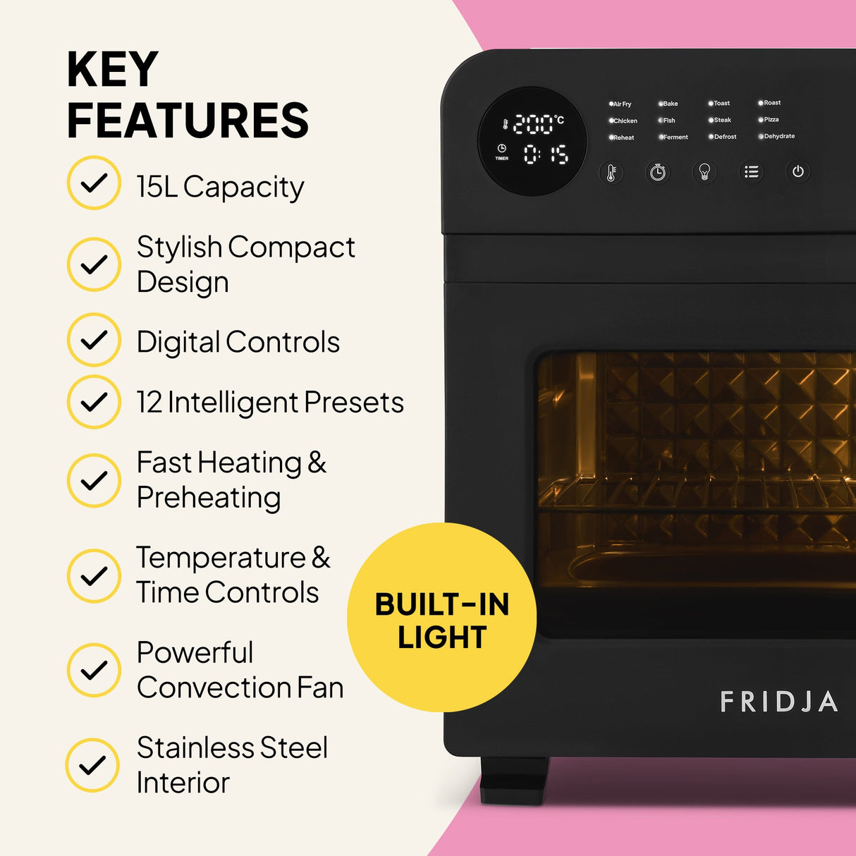 Fridja Digital Air Fryer Oven with 15L capacity and built-in light for efficient cooking