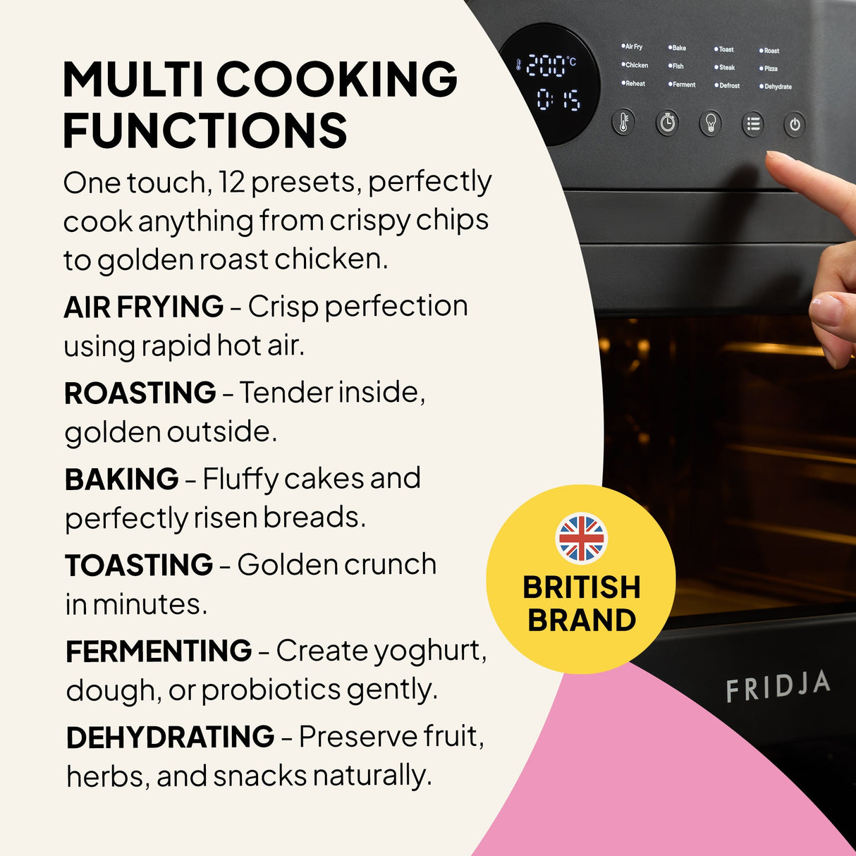 Fridja Digital Air Fryer with multi cooking functions for air frying, roasting, baking, and more