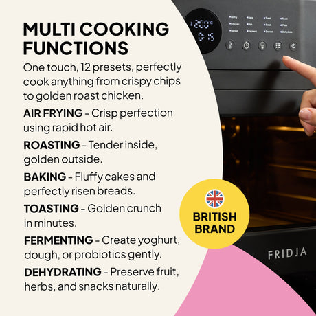 Fridja Digital Air Fryer with multi cooking functions for air frying, roasting, baking, and more