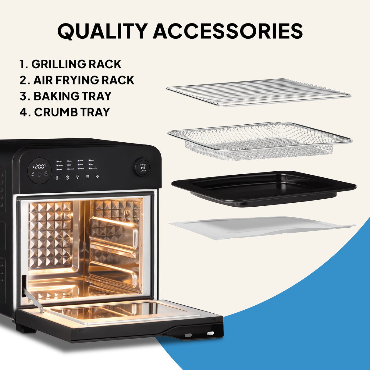 Fridja Digital Air Fryer with Grilling Rack, Air Frying Tray, Baking Tray, and Crumb Tray Accessories