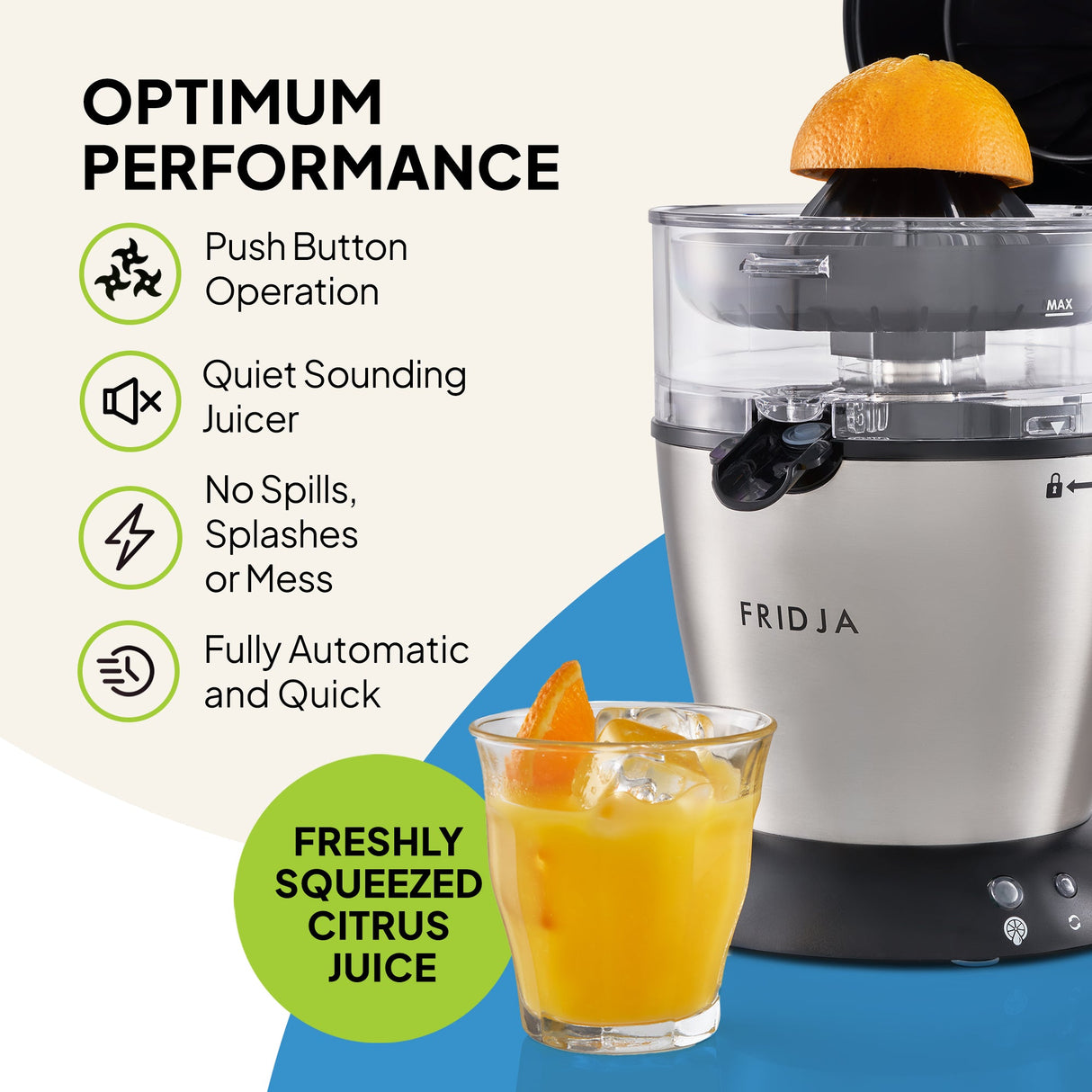 Fridja Citrus Juicer with push button operation for quickly extracting fresh juice