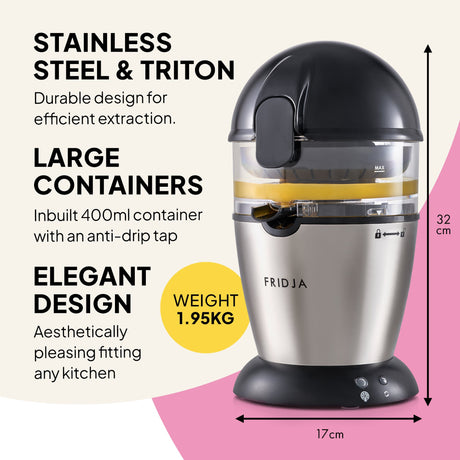 Fridja Citrus Juicer with stainless steel and Triton, featuring a 400ml container and anti-drip tap