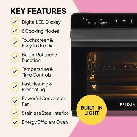 Fridja Digital Air Fryer with a digital LED display, rotisserie function, and touchscreen controls