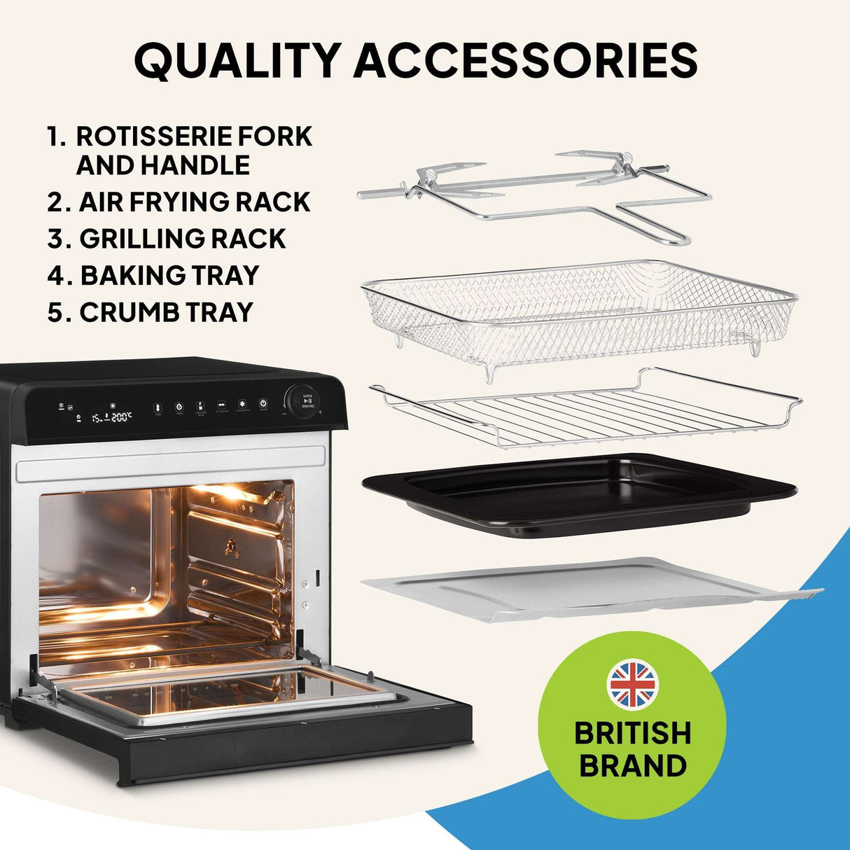 Fridja Digital Air Fryer Oven with rotisserie fork, air frying rack, and grilling accessories