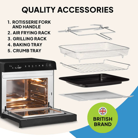 Fridja Digital Air Fryer Oven with rotisserie fork, air frying rack, and grilling accessories