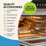 Fridja Digital Air Fryer Oven with built-in rotisserie function and essential accessories displayed