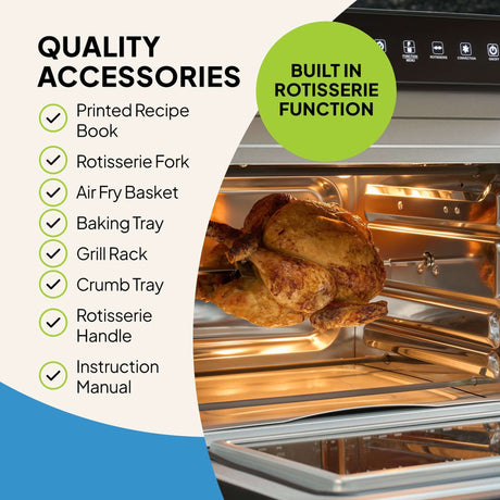 Fridja Digital Air Fryer Oven with built-in rotisserie function and essential accessories displayed
