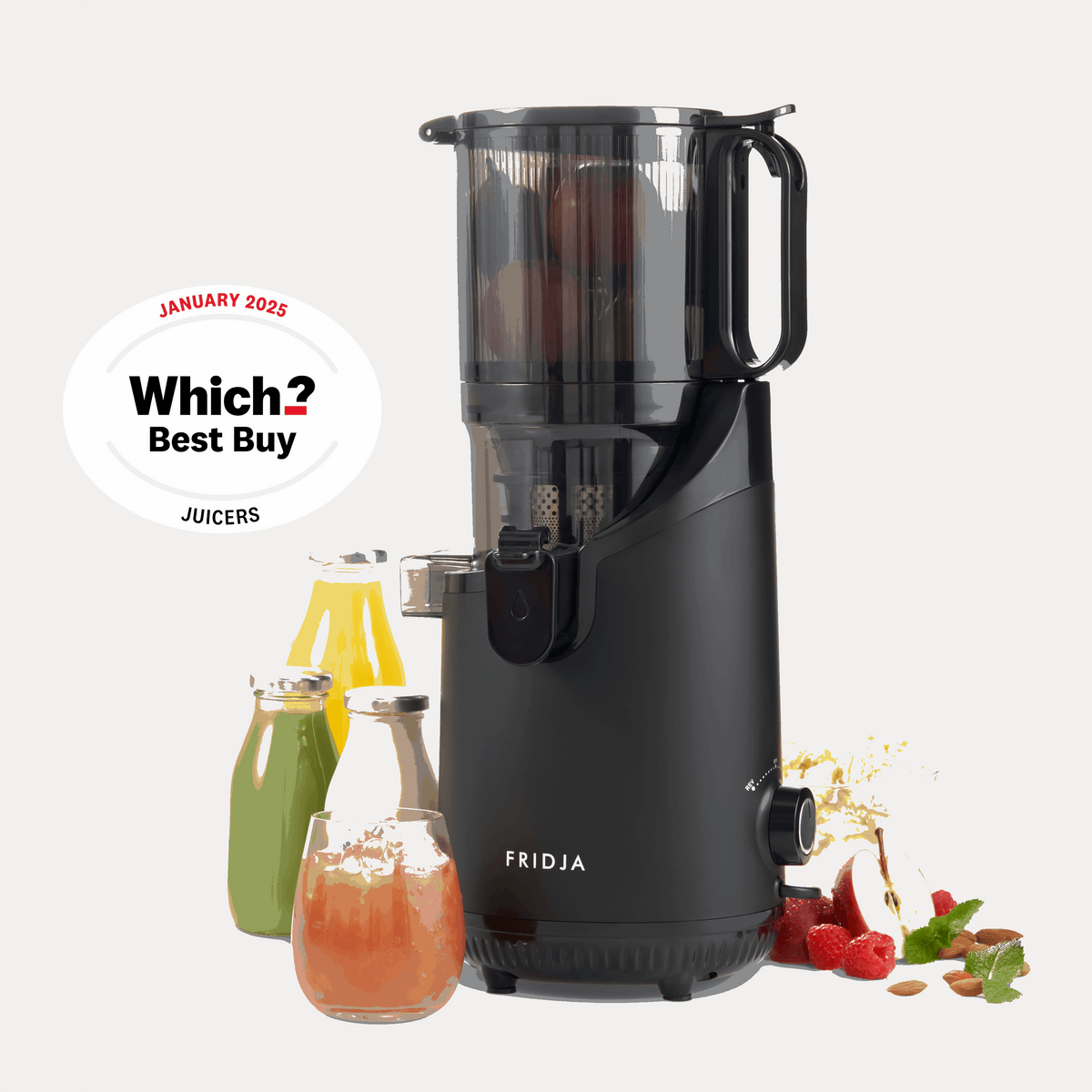Fridja Fruit Juicer in black with fruits and drinks for refreshing juice preparation