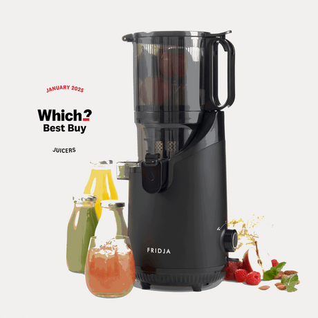 Fridja Fruit Juicer in black with fruits and drinks for refreshing juice preparation