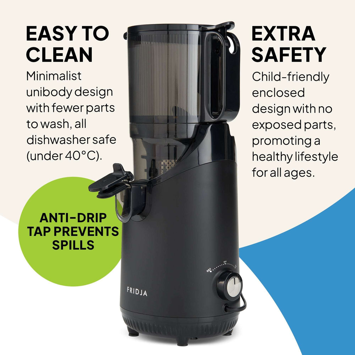Fridja Fruit Juicer with minimalist design and anti-drip tap for easy use and cleaning