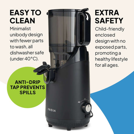 Fridja Fruit Juicer with minimalist design and anti-drip tap for easy use and cleaning