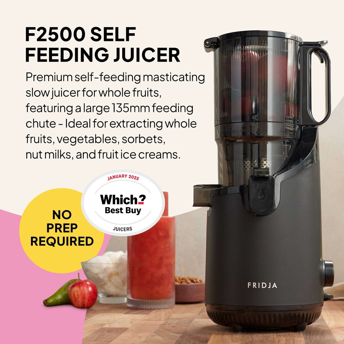 Fridja F2500 Self-Feeding Fruit Juicer with 135mm Feeding Chute for Whole Fruits and Vegetables
