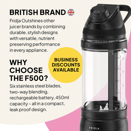 Fridja Portable Blender with six stainless steel blades and 450ml capacity for effortless blending