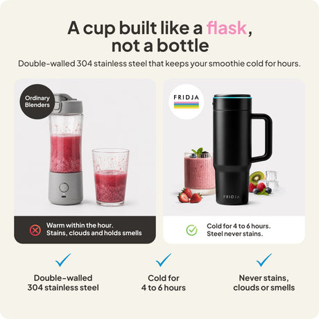 Fridja Portable Blender featuring double-walled stainless steel for smoothies that stay cold for hours