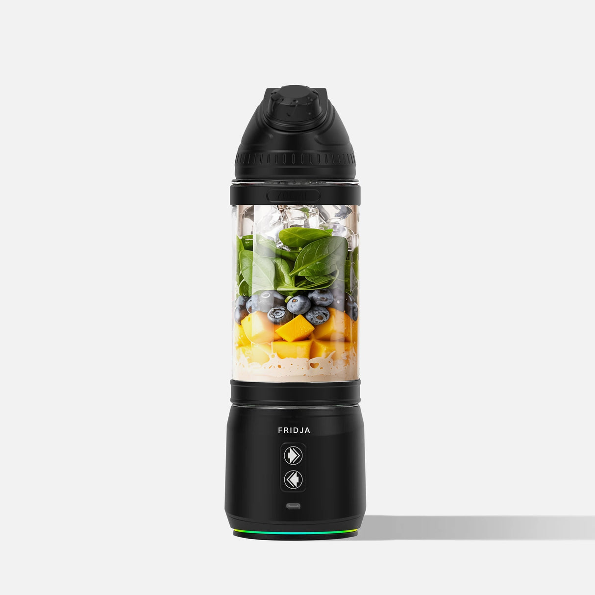 Fridja Portable Blender with ingredients like fruits and greens for on-the-go smoothies