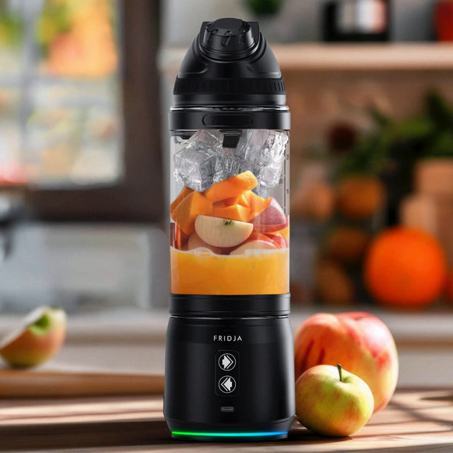 Fridja Portable Blender with chopped fruits and ice ready for smoothies in a stylish kitchen setting
