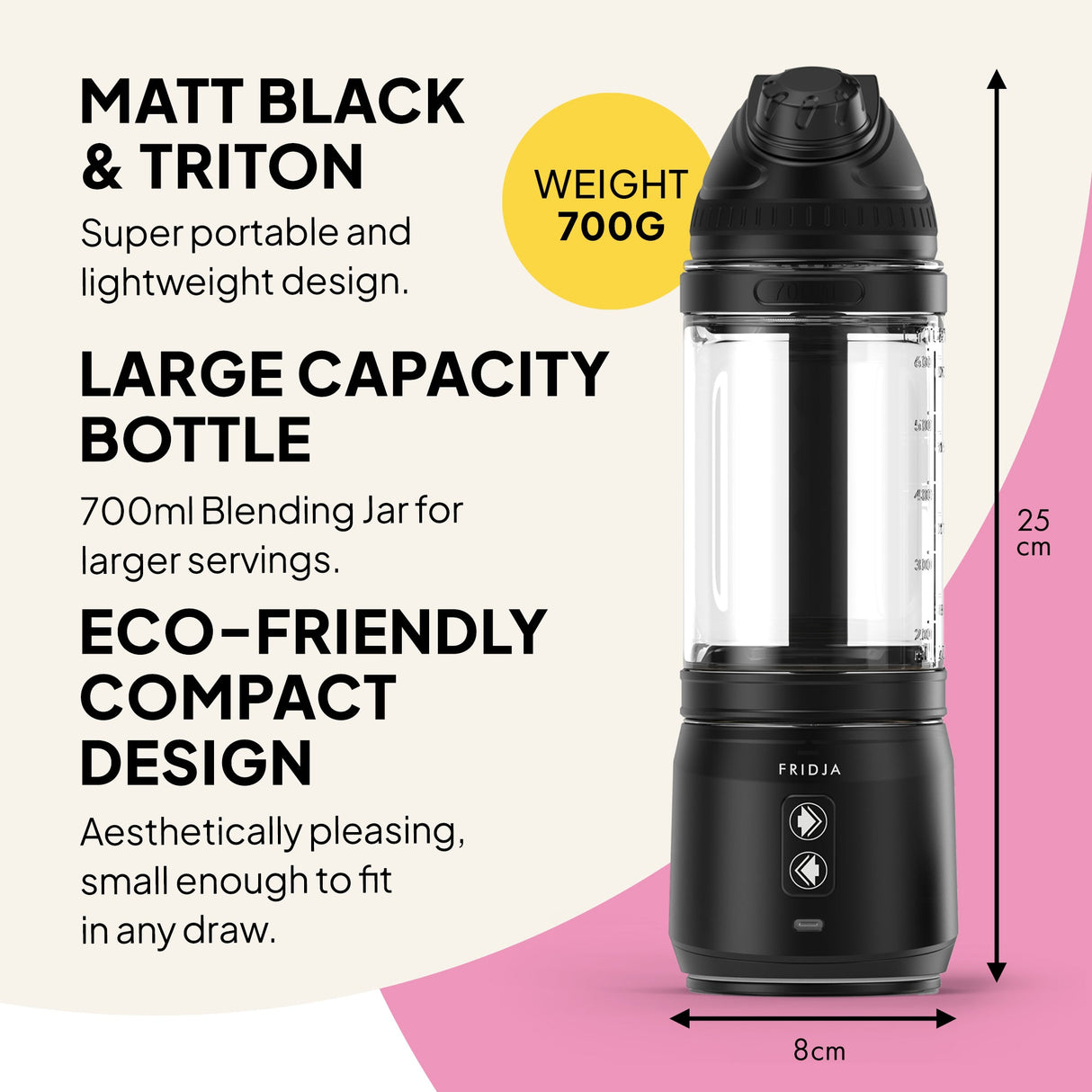 Fridja Portable Blender in Matt Black with 700ml capacity and eco-friendly compact design