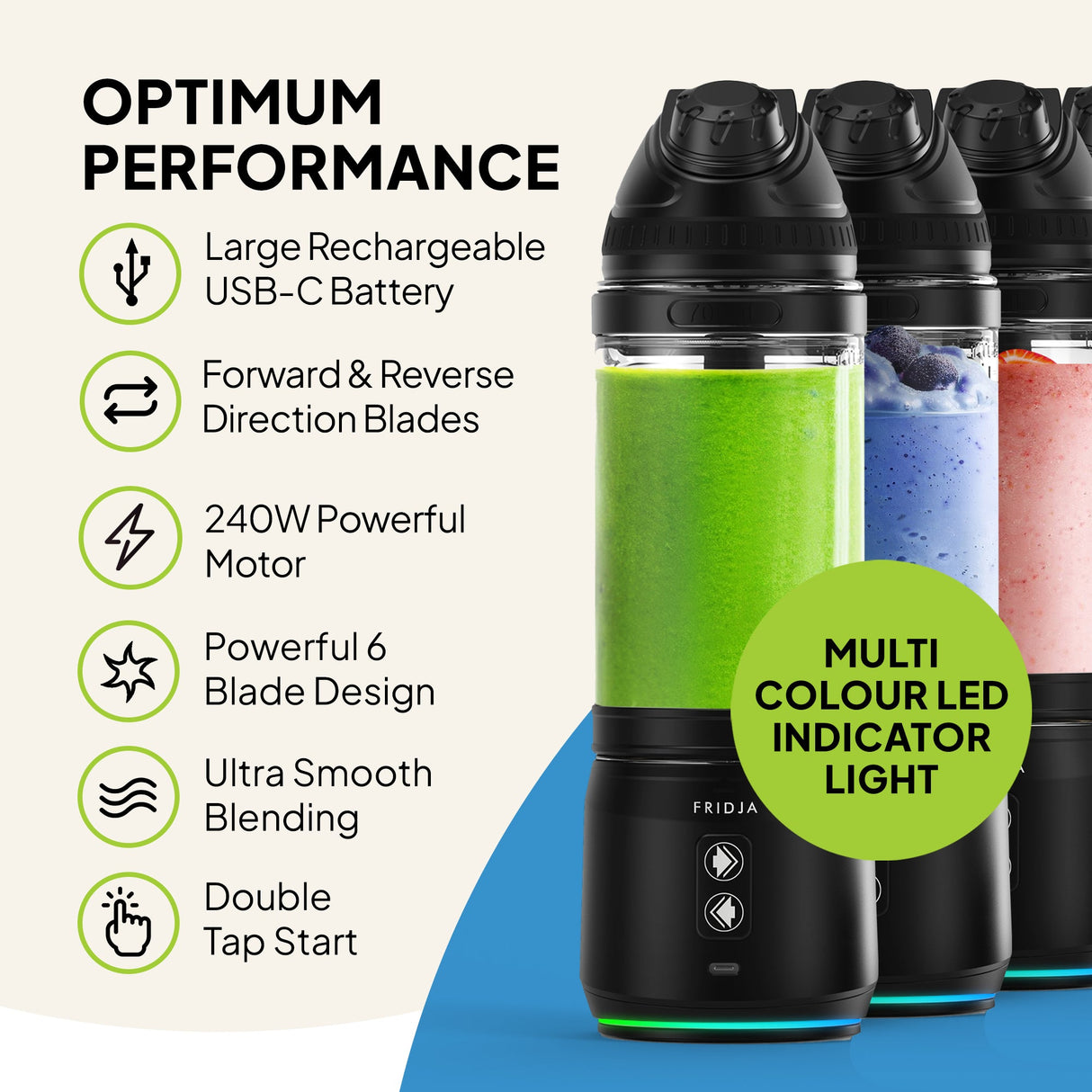 Fridja Portable Blender with USB-C battery, powerful blades, and LED indicator for ultra-smooth blending