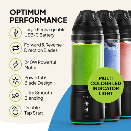 Fridja Portable Blender with USB-C battery, powerful blades, and LED indicator for ultra-smooth blending