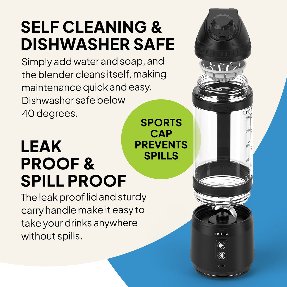Fridja Portable Blender with self-cleaning feature and sports cap for spill-proof convenience