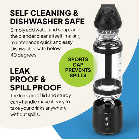Fridja Portable Blender with self-cleaning feature and sports cap for spill-proof convenience