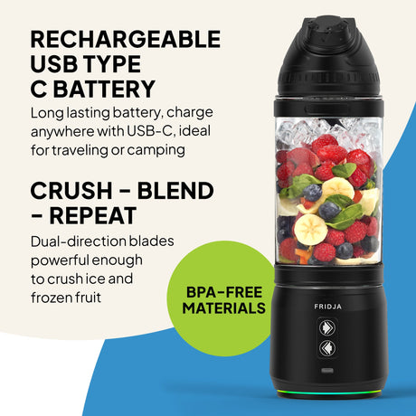 Fridja Portable Blender with rechargeable USB-C battery for crushing and blending fruit while camping