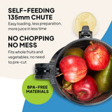 Fridja Fruit Juicer with self-feeding 135mm chute for whole fruits and vegetables with no pre-cutting needed