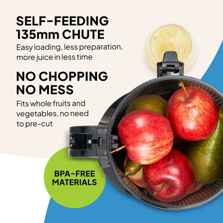 Fridja Fruit Juicer with self-feeding 135mm chute for whole fruits and vegetables with no pre-cutting needed