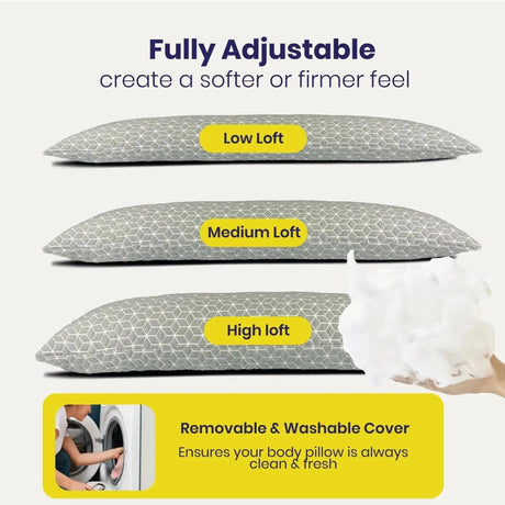 Brightr Sleep Body Pillow with adjustable loft levels and washable cover for personalised comfort