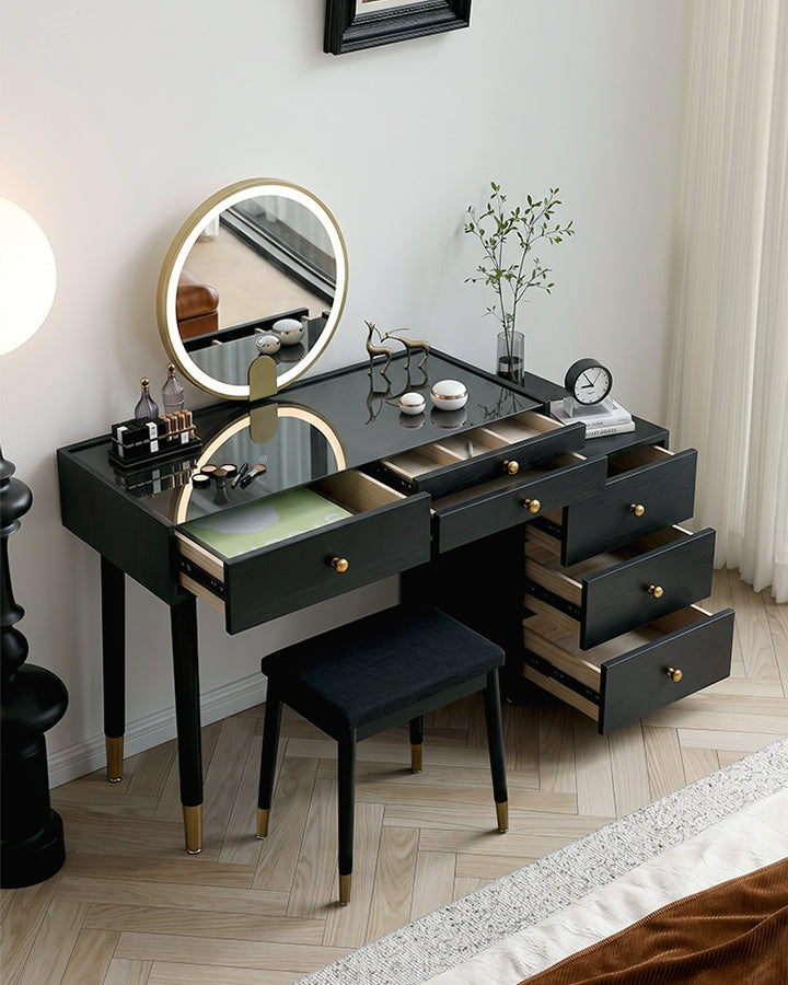Le Di Vita Dressing Table with Elegant Black Finish, Reflective Glass Top and Multiple Storage Drawers