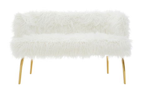 Orsina Fur Effect Sofa in white with soft, fluffy texture and gold legs for stylish seating