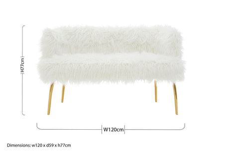 Orsina Fur Effect Sofa in White with Gold Legs, Dimensions 120cm Width by 59cm Depth by 77cm Height
