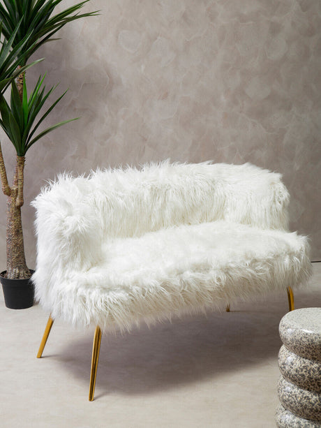 Orsina Fur Effect Sofa in white with golden legs, perfect for stylish living spaces