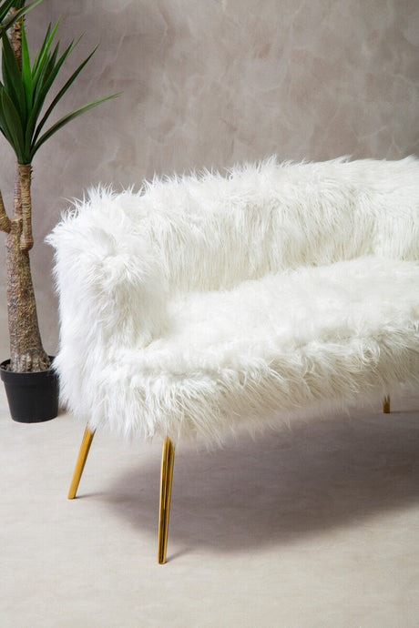 Fur Effect Sofa in White with Stylish Gold Legs for Modern Living Rooms