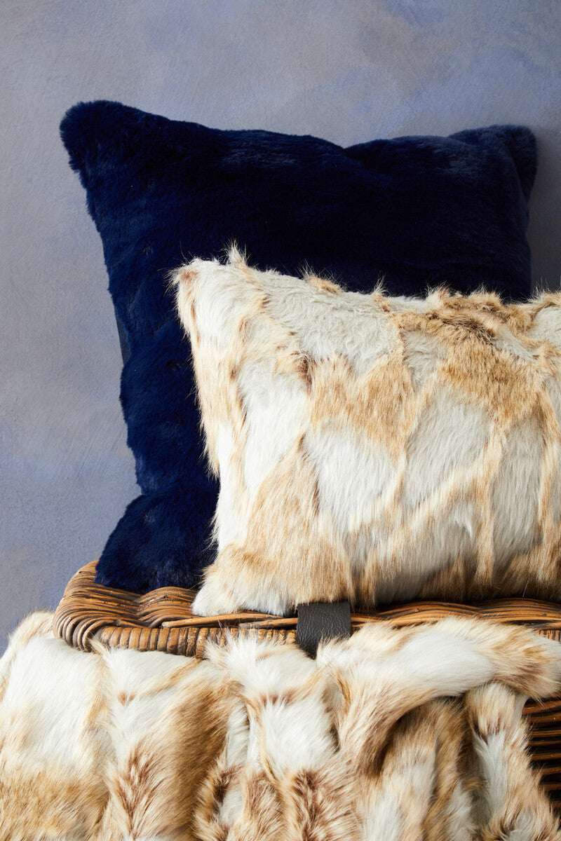 Orsina Fur Throw in Cream and Brown with Navy Decorative Cushion for Cozy Home Decor