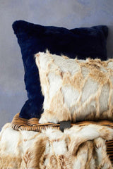 Orsina Fur Throw in Cream and Brown with Navy Decorative Cushion for Cozy Home Decor