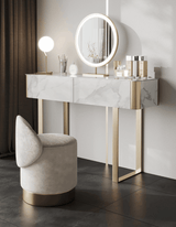 Le Di Vita Dressing Table with marble finish and round mirror, complemented by a plush upholstered stool