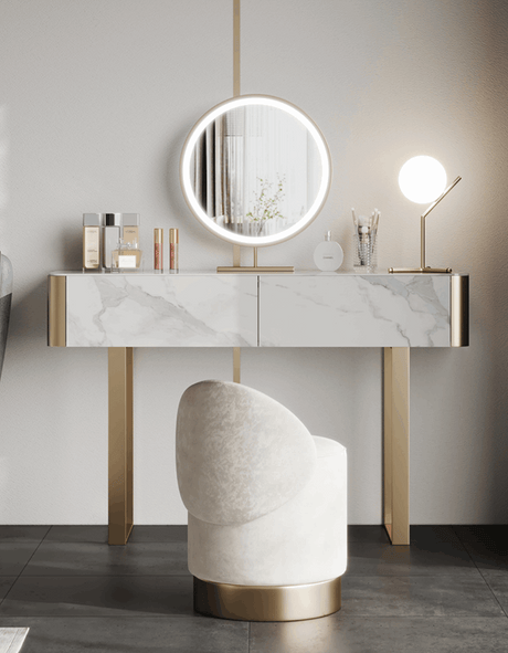 Le Di Vita Dressing Table with Marble Finish and Round Mirror, complemented by a Stylish Chair