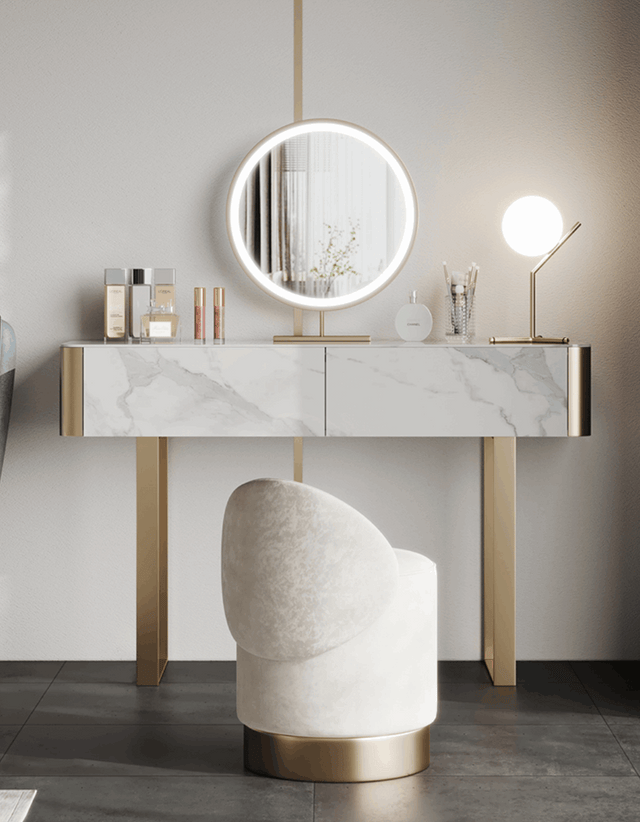 Le Di Vita Dressing Table with Marble Finish and Round Mirror, complemented by a Stylish Chair