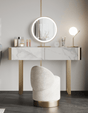 Le Di Vita Dressing Table with Marble Finish and Round Mirror, complemented by a Stylish Chair