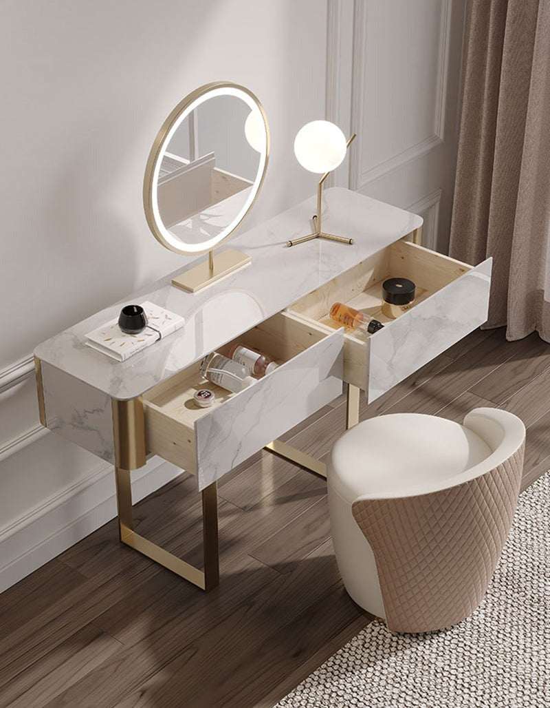 Le Di Vita Dressing Table with Marble Surface and Gold Legs, featuring a round mirror and stylish chair