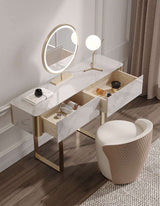 Le Di Vita Dressing Table with Marble Surface and Gold Legs, featuring a round mirror and stylish chair